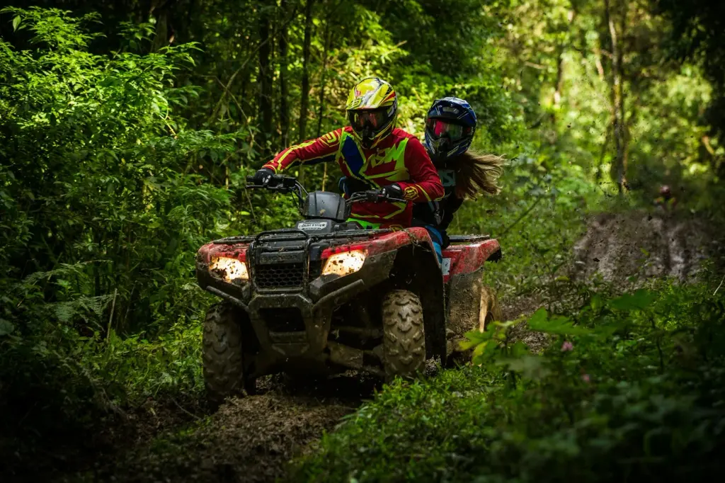 Two riders on a quad bike on a forest trail. Illustrative photograph.