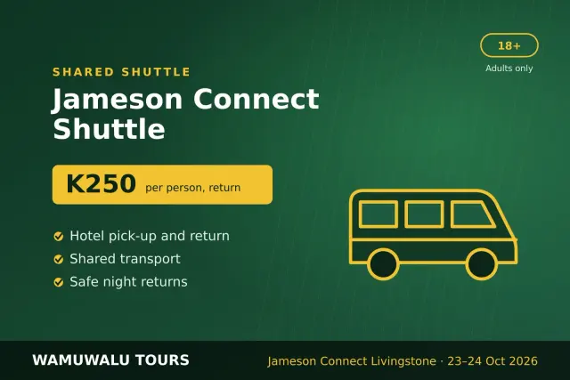 Jameson Connect shared shuttle: K250 per person, return, with hotel pick-up. Wamuwalu Tours graphic.