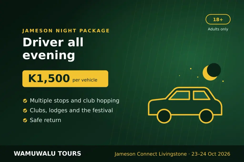 Jameson Night Package: K1,500 per vehicle with a driver all evening. Wamuwalu Tours graphic.