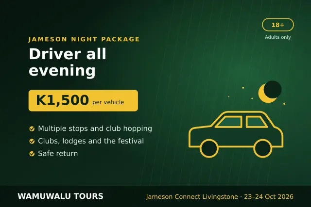 Jameson Night Package: K1,500 per vehicle with a driver all evening. Wamuwalu Tours graphic.