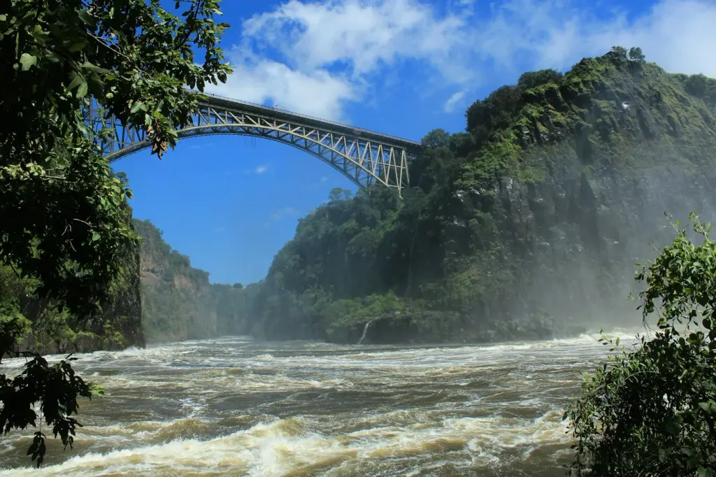 The Victoria Falls Bridge spanning the gorge above the Zambezi rapids.