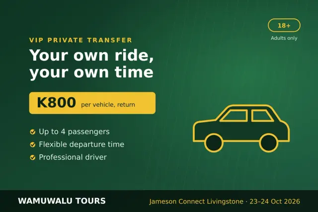 VIP private transfer to Jameson Connect: K800 per vehicle, return, up to 4 passengers. Wamuwalu Tours graphic.