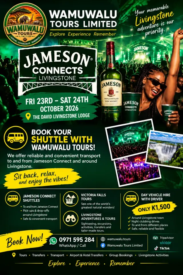 Wamuwalu Tours flyer: book your shuttle to Jameson Connect Livingstone, Fri 23 - Sat 24 October 2026 at The David Livingstone Lodge.